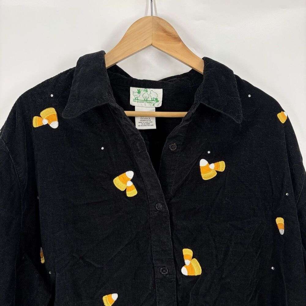Vintage Quacker Factory Corduroy Shirt 2X Black Candy Corn Embroidered Halloween - Picture 2 of 7